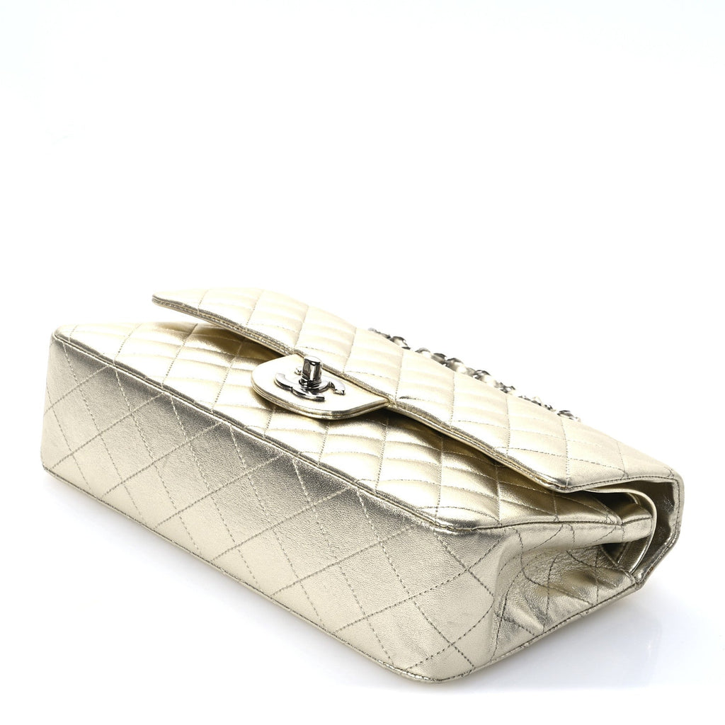Metallic Lambskin Quilted Medium Double Flap Pale Gold