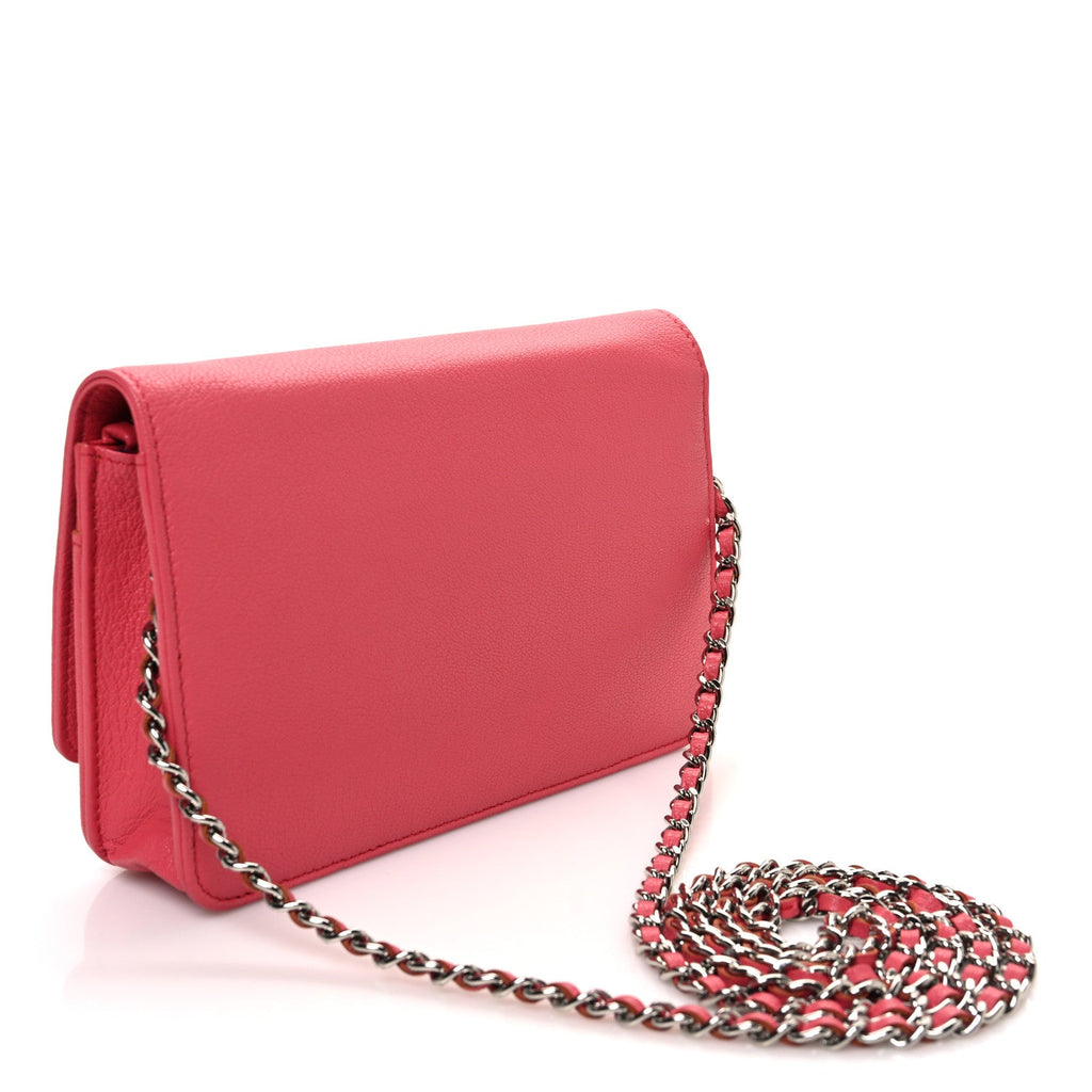 Grained Calfskin Clover CC Wallet On Chain WOC Pink