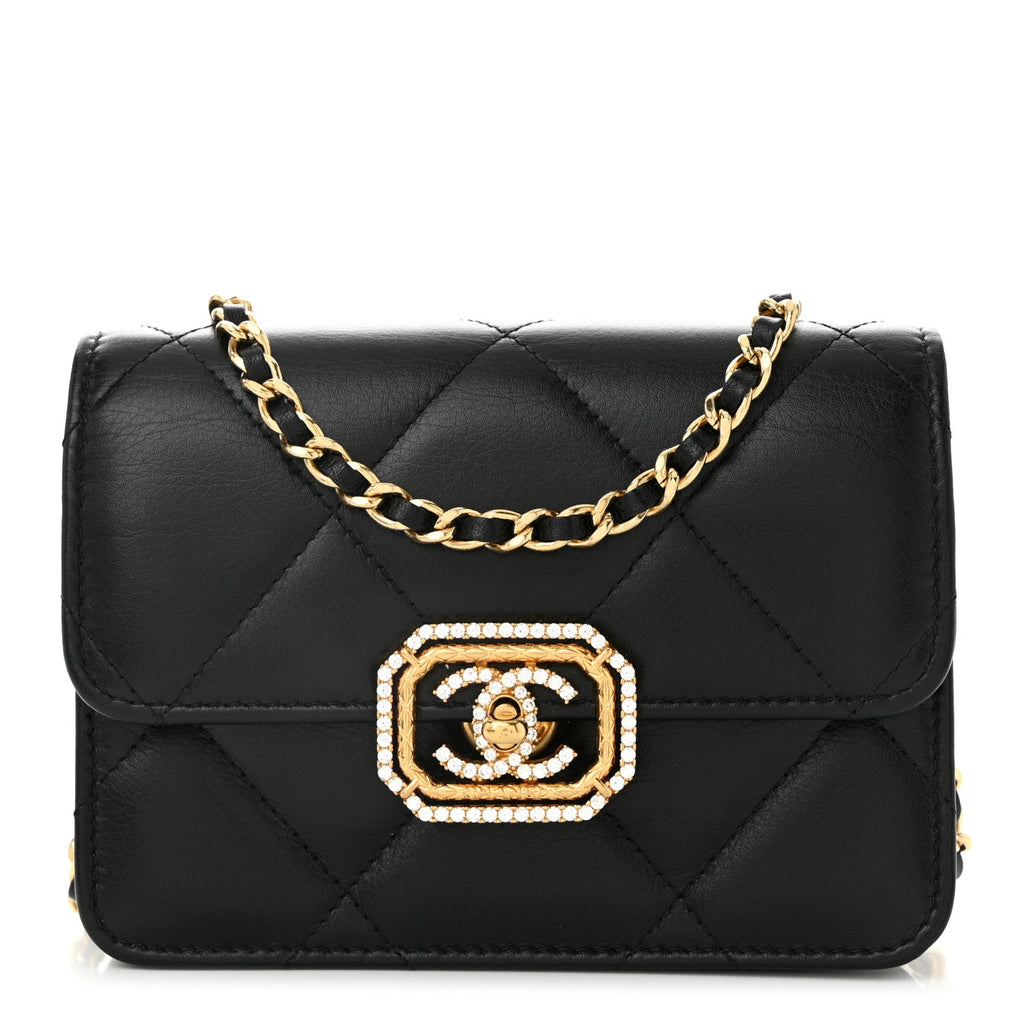 Calfskin Strass Quilted Clutch With Chain Flap Black