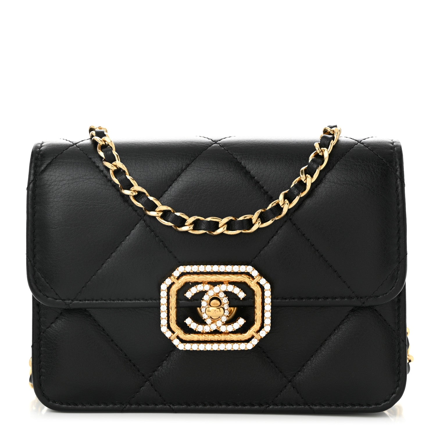 Calfskin Strass Quilted Clutch With Chain Flap Black
