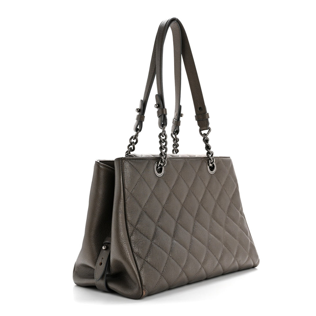 Metallic Goatskin Quilted Large City Rock Shopping Bag Silver
