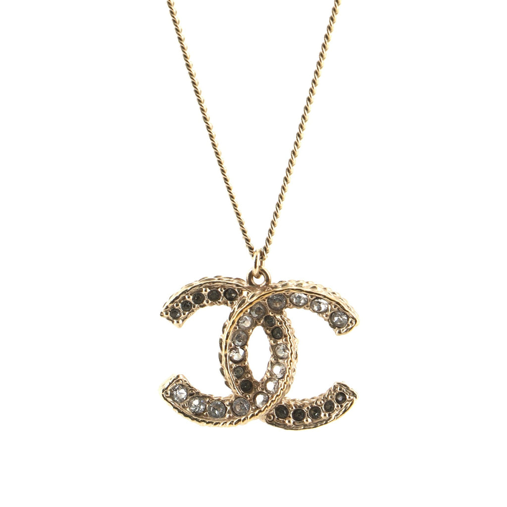 CC Long Pendant Necklace Crystal Embellished Metal and Enamel