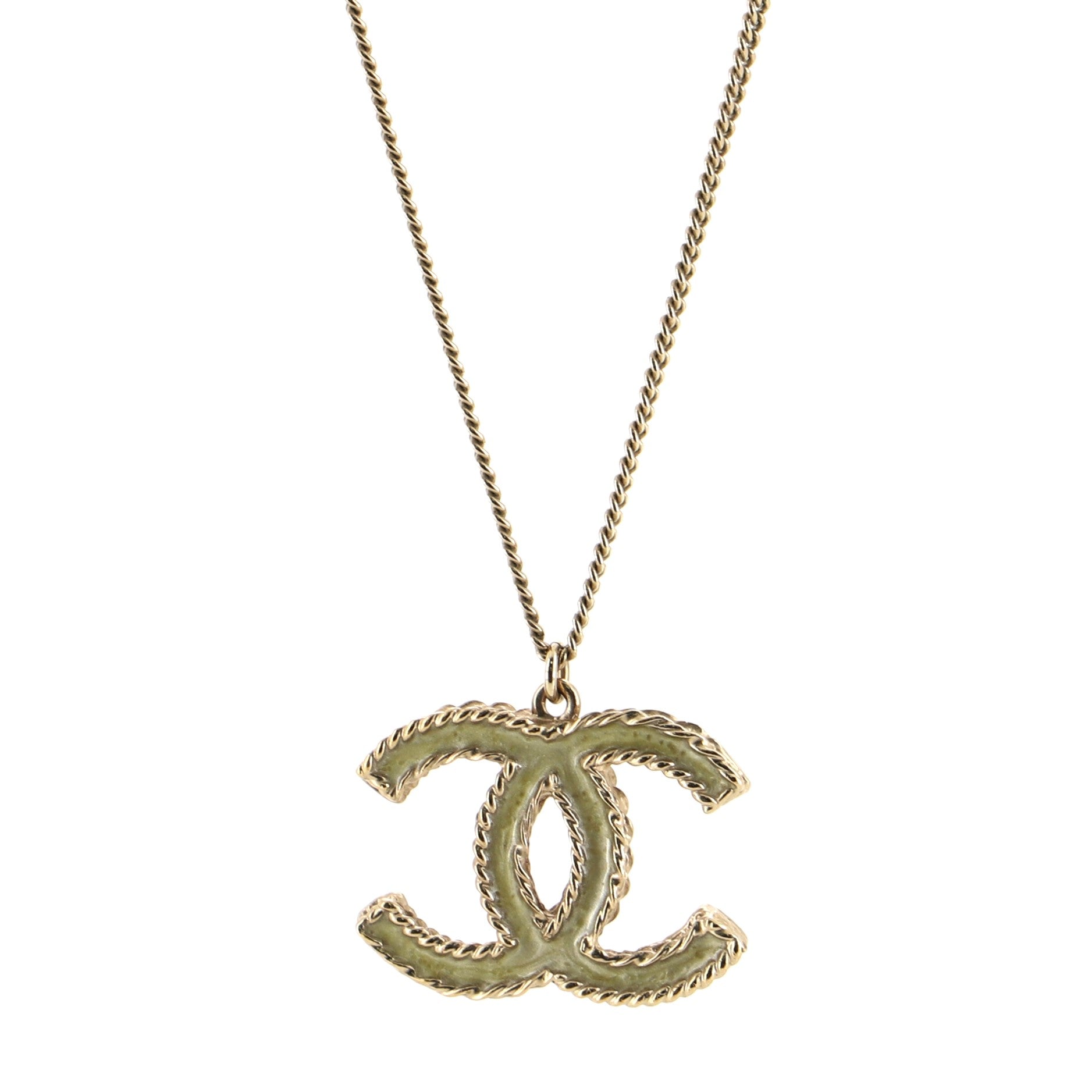 CC Long Pendant Necklace Crystal Embellished Metal and Enamel