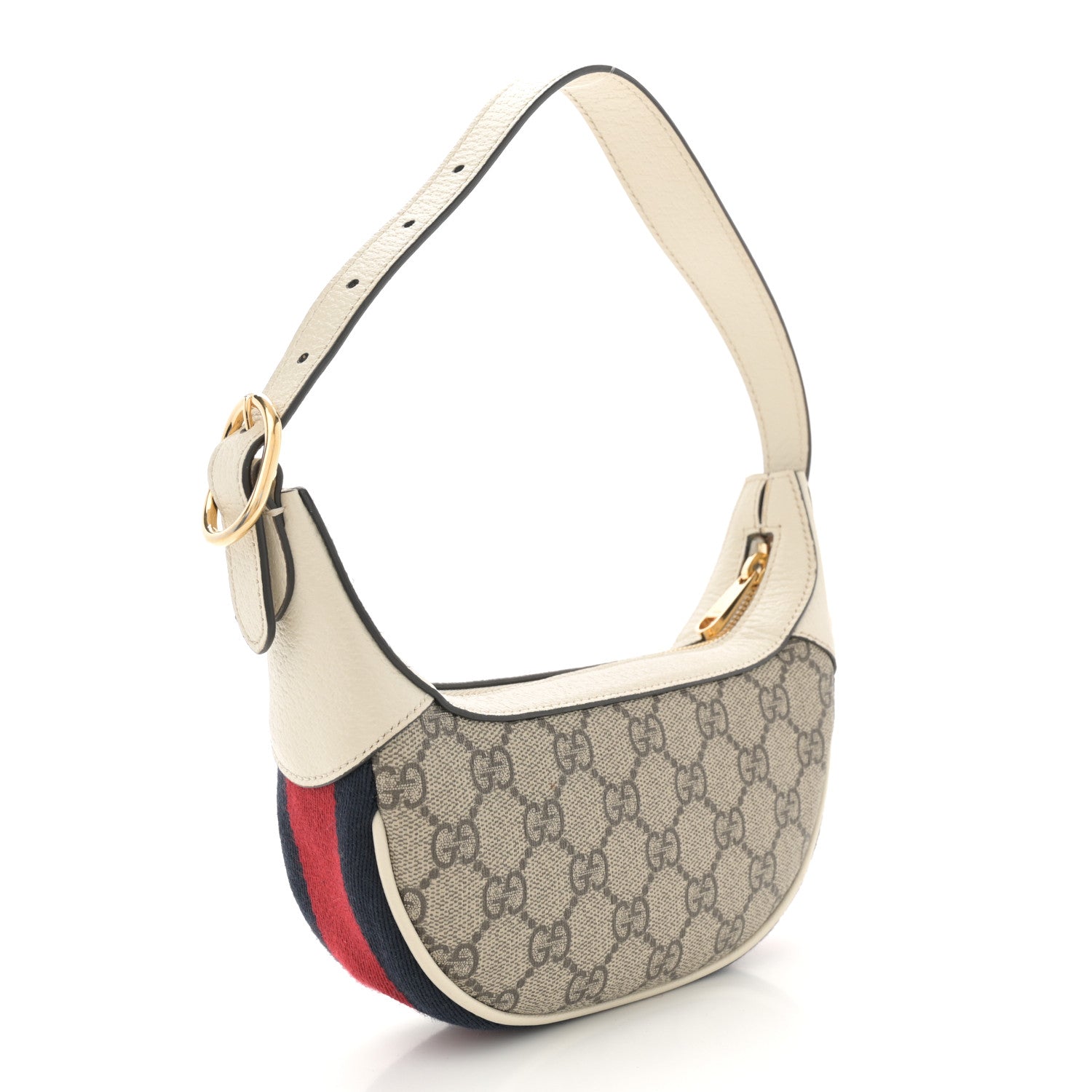 GG Supreme Monogram Textured Dollar Calfskin Web Mini Ophidia Half Moon Hobo Beige Ebony Mystic White