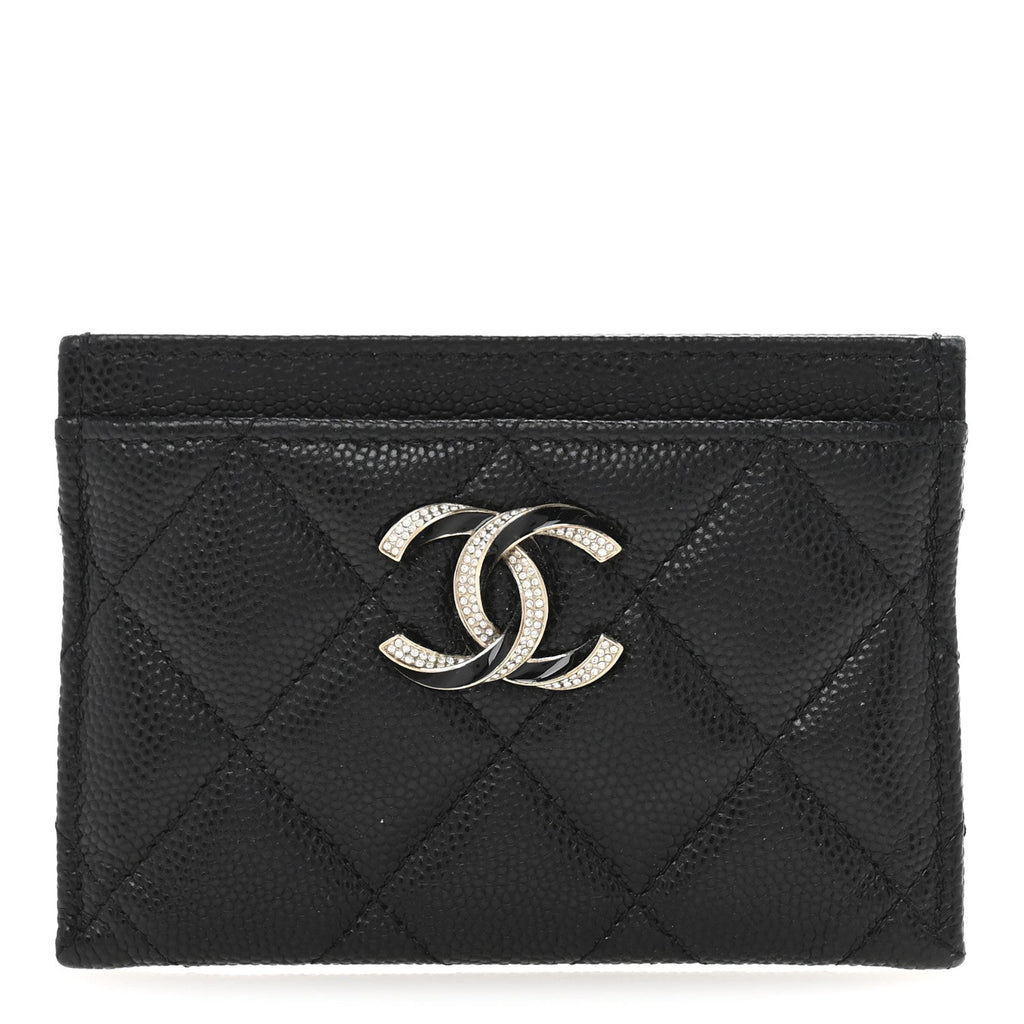 Caviar Quilted Crystal Enamel CC  Holder Black