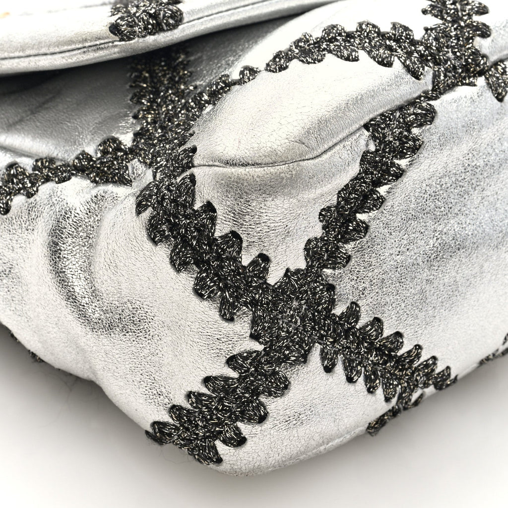 Metallic Calfskin Crochet Medium Chanel 19 Flap Silver
