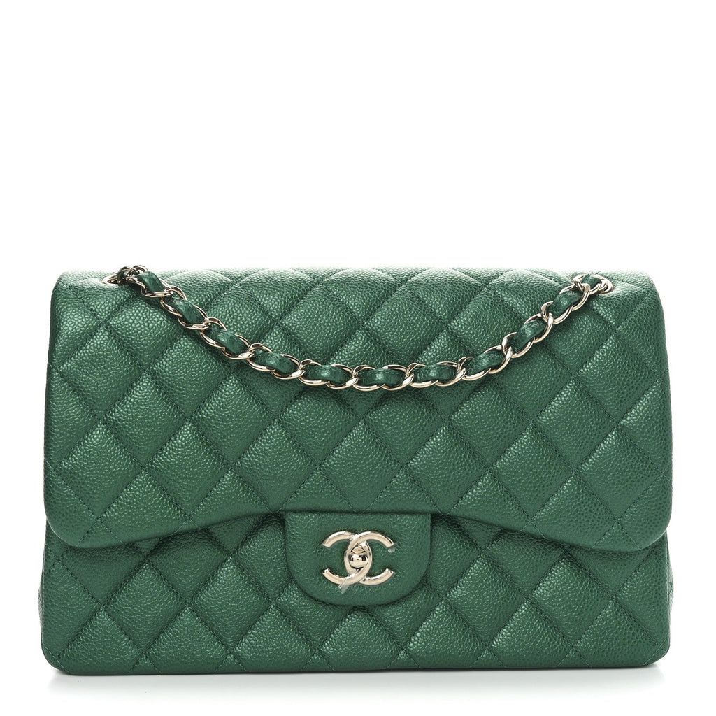 Metallic Caviar Quilted Jumbo Double Flap Green