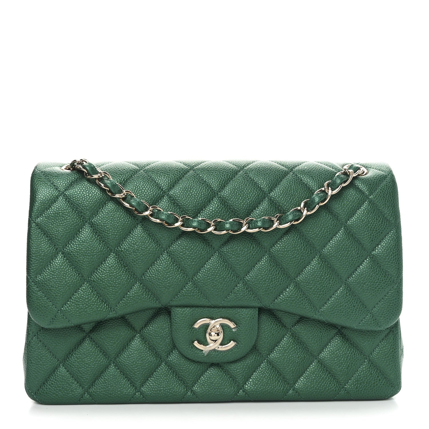 Metallic Caviar Quilted Jumbo Double Flap Green