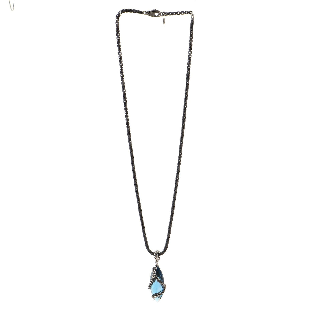 Cable Wrap Marquise Pendant Necklace Sterling Silver with Diamonds and Blue Topaz 30mm