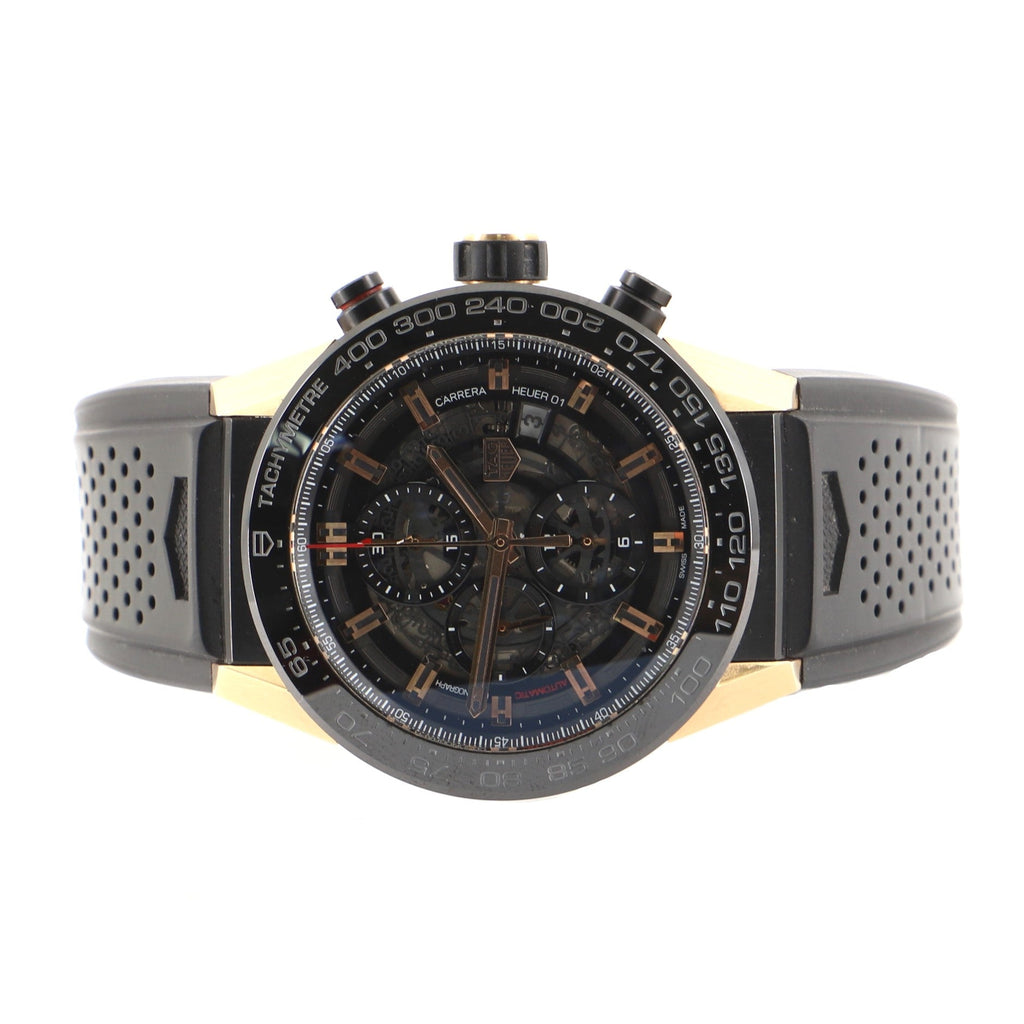 Carrera Calibre Heuer 01 Skeleton Chronograph Automatic Watch Titanium with PVD Rose Gold with Rubber 45