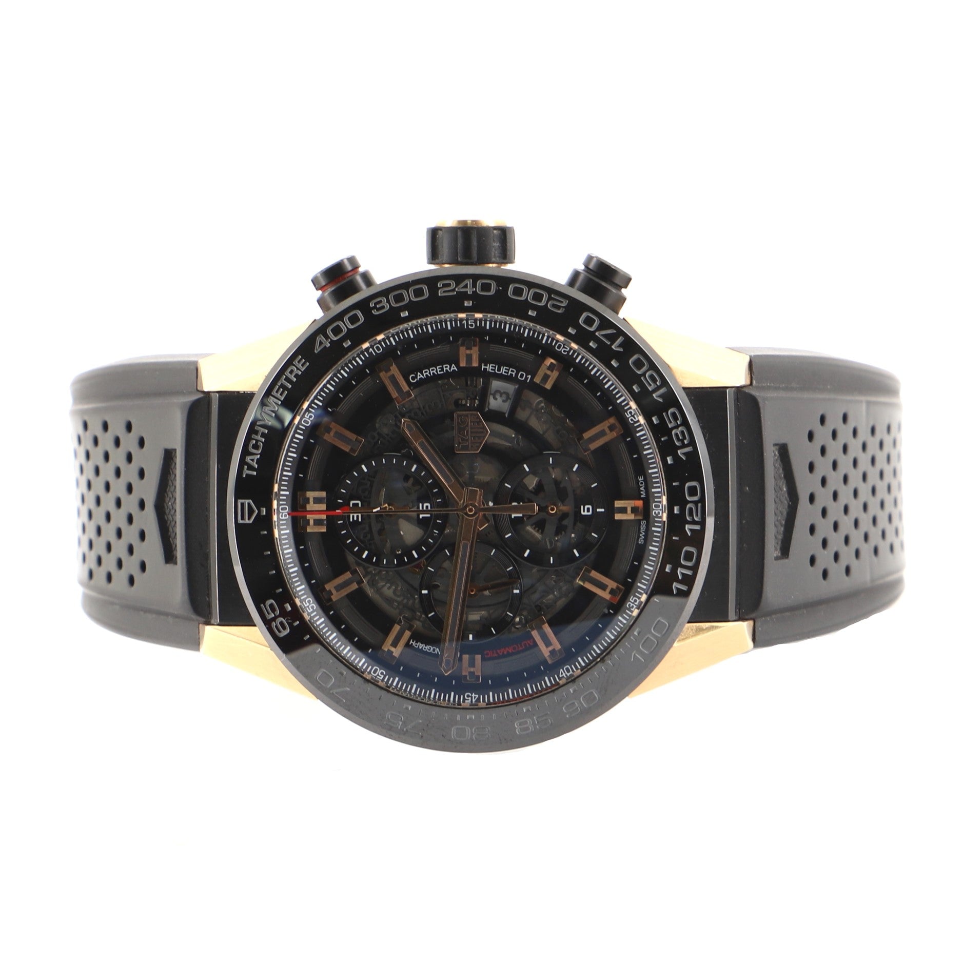 Carrera Calibre Heuer 01 Skeleton Chronograph Automatic Watch Titanium with PVD Rose Gold with Rubber 45