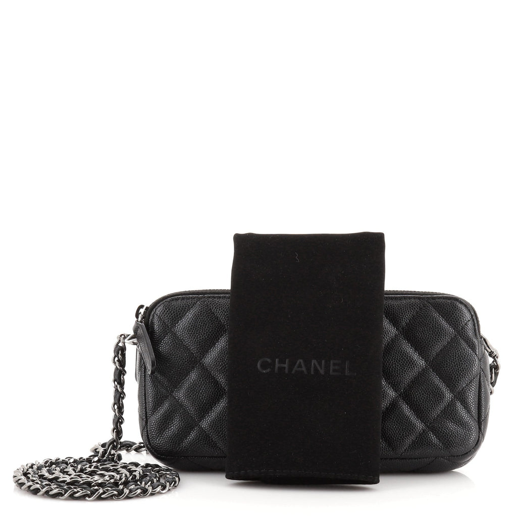 Double Zip Clutch with Chain Quilted Caviar