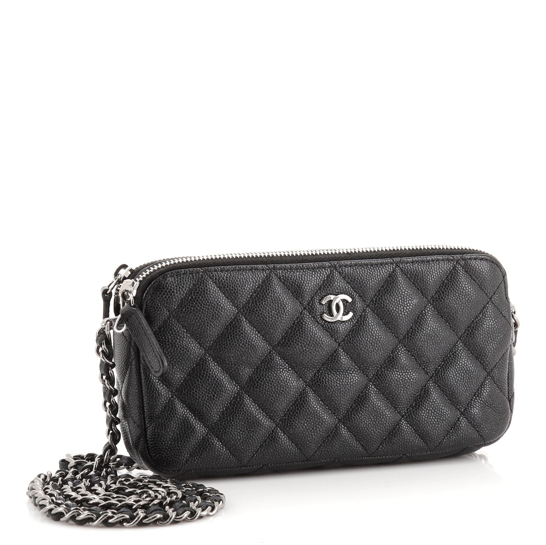 Double Zip Clutch with Chain Quilted Caviar