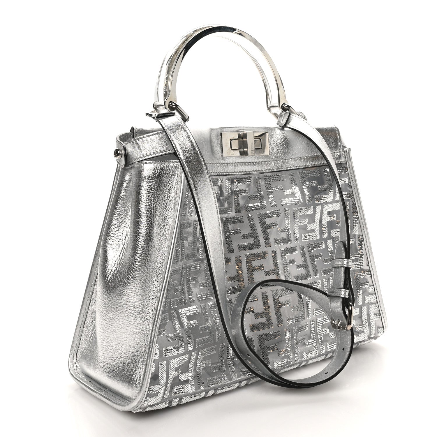 PVC Vitello Catalan Mirror Sequin FF Medium Peekaboo Iconic Satchel Argento