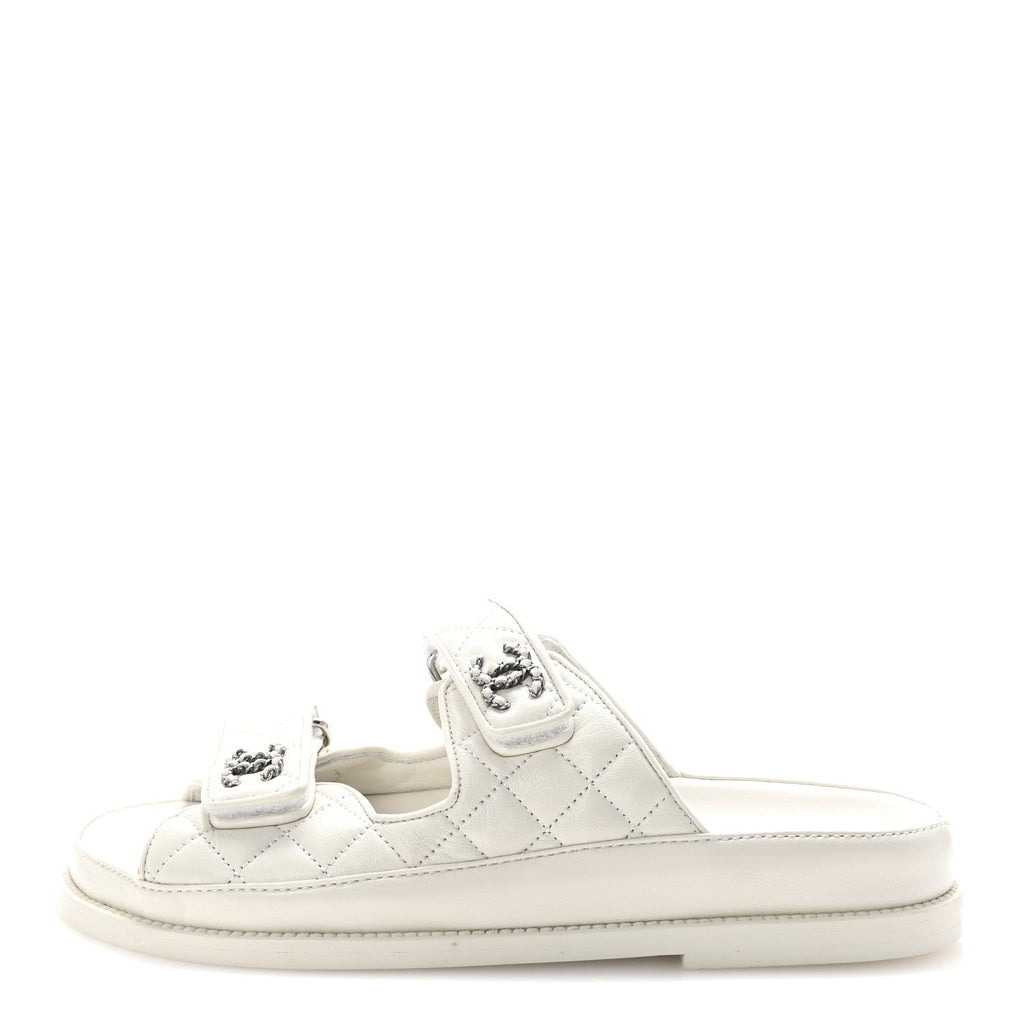 Lambskin Quilted Velcro Dad Chain CC Slide Sandals 37.5 White