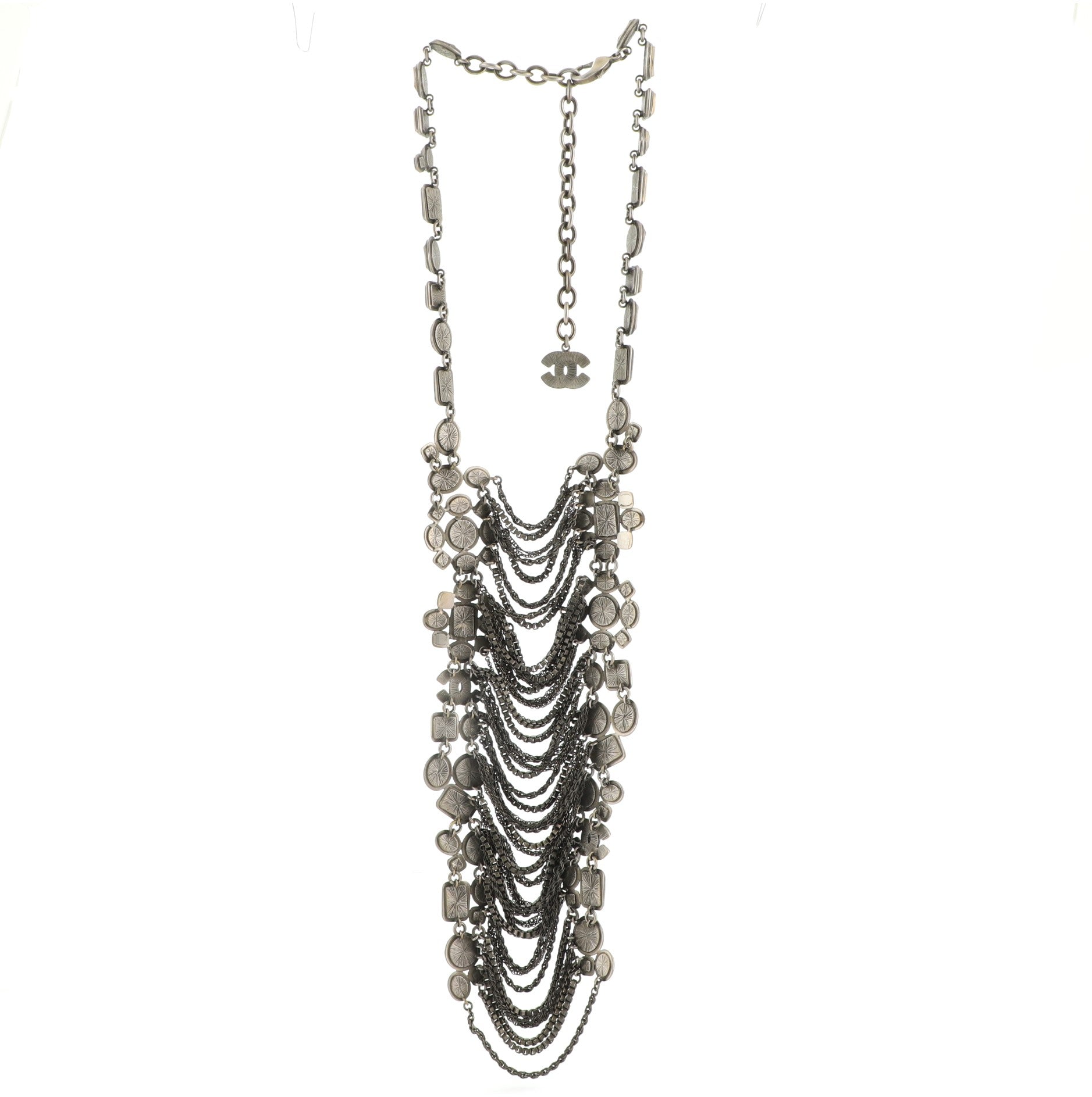 Antiqued CC Multi-Chain Long Necklace Metal and Crystal