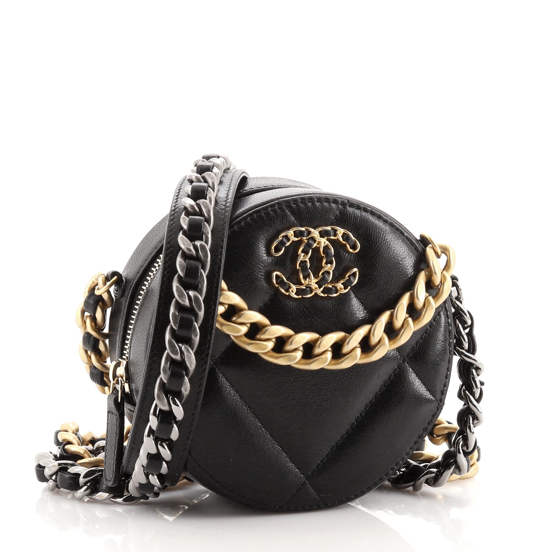 19 Round Clutch with Chain Quilted Lambskin