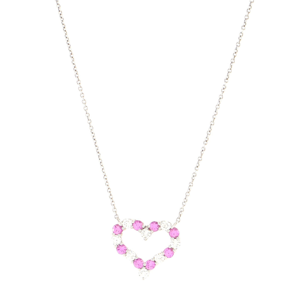 Heart Pendant Necklace Platinum with Diamonds and Pink Sapphires Small