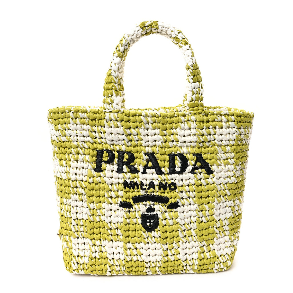 Yarn Raffia Effect Crochet Embroidered Small Logo Tote Citron Yellow
