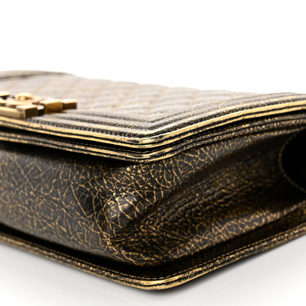 Cracked Metallic Calfskin Quilted Medium Boy Flap Gold