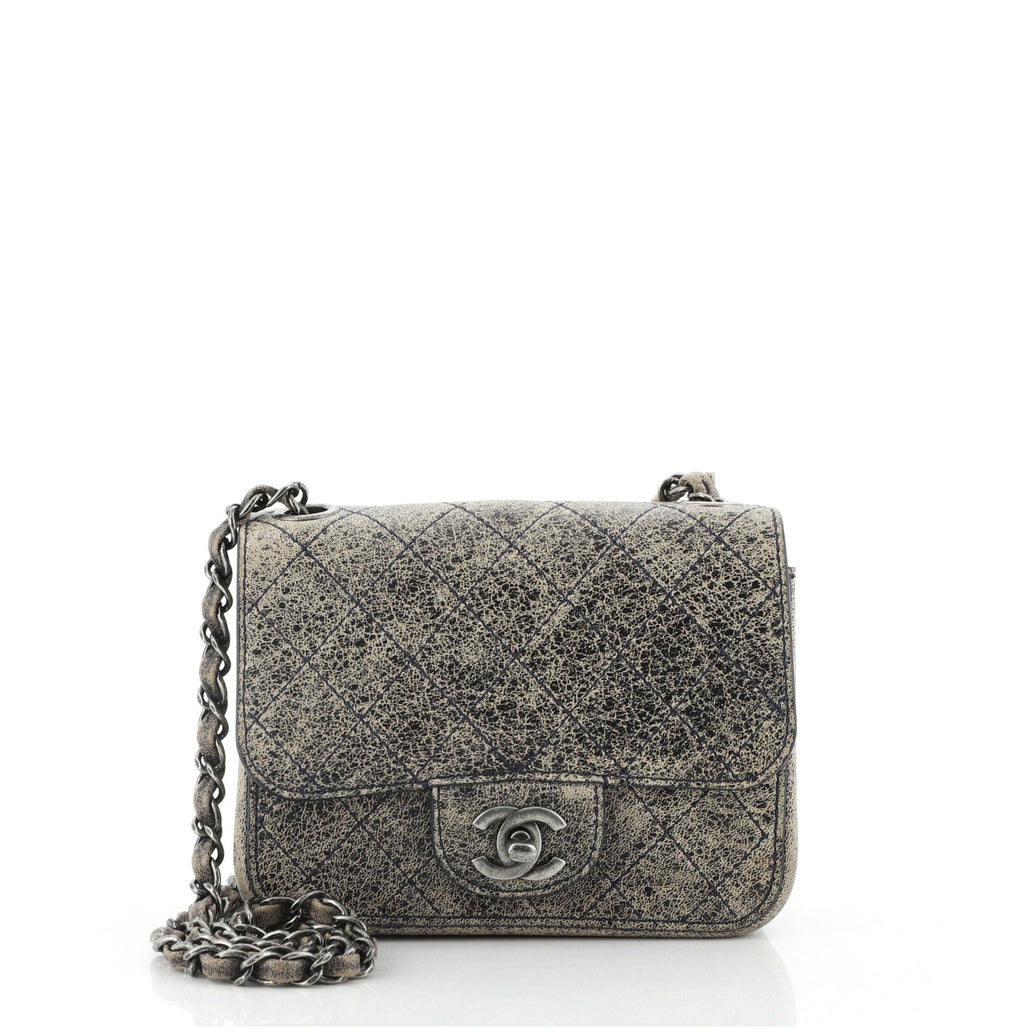 Square Classic Single Flap Bag Stitched Crackled Calfskin Mini