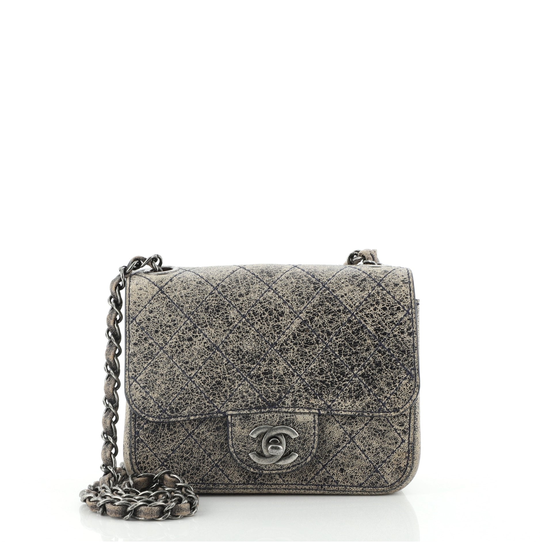 Square Classic Single Flap Bag Stitched Crackled Calfskin Mini