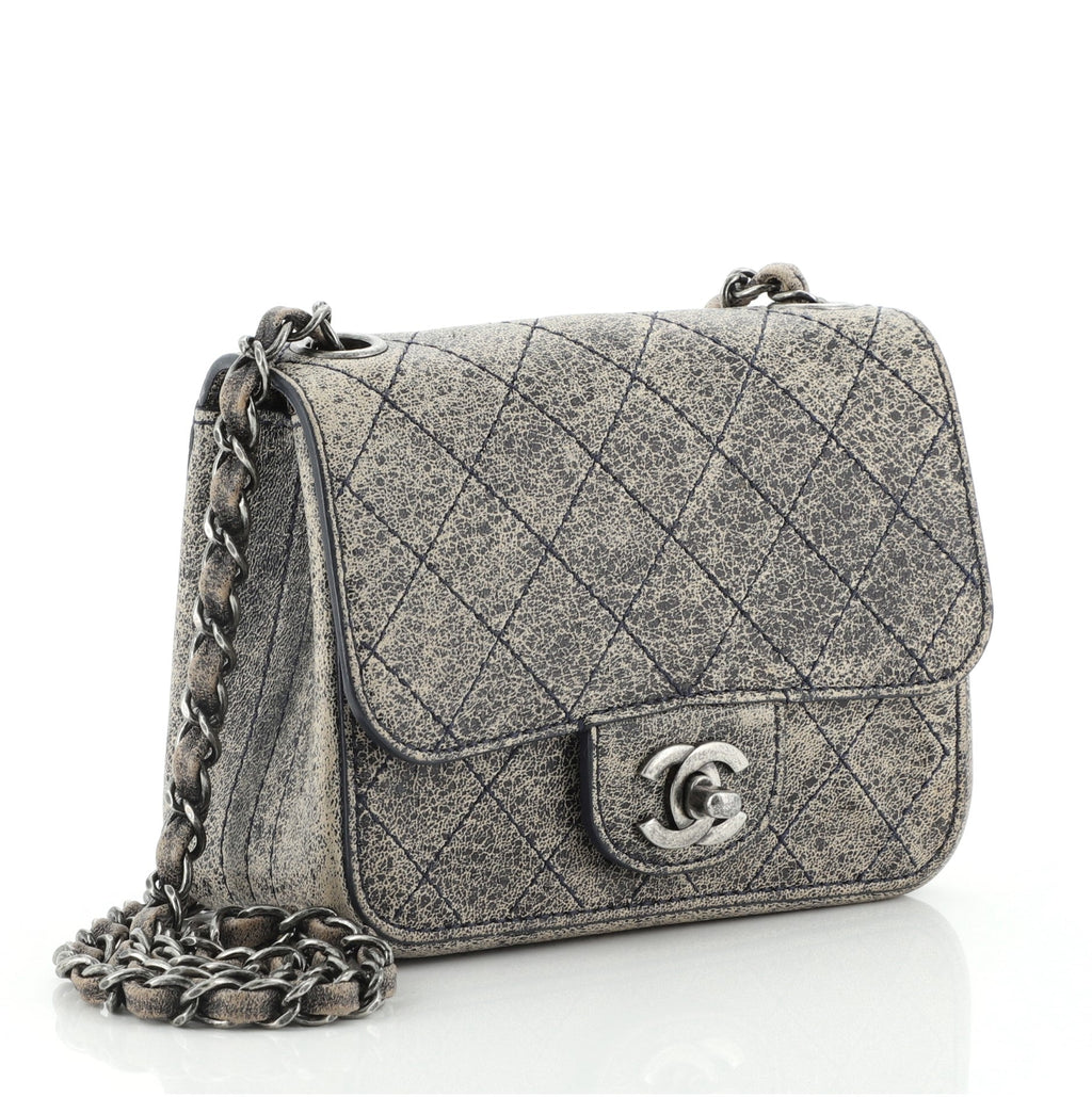 Square Classic Single Flap Bag Stitched Crackled Calfskin Mini