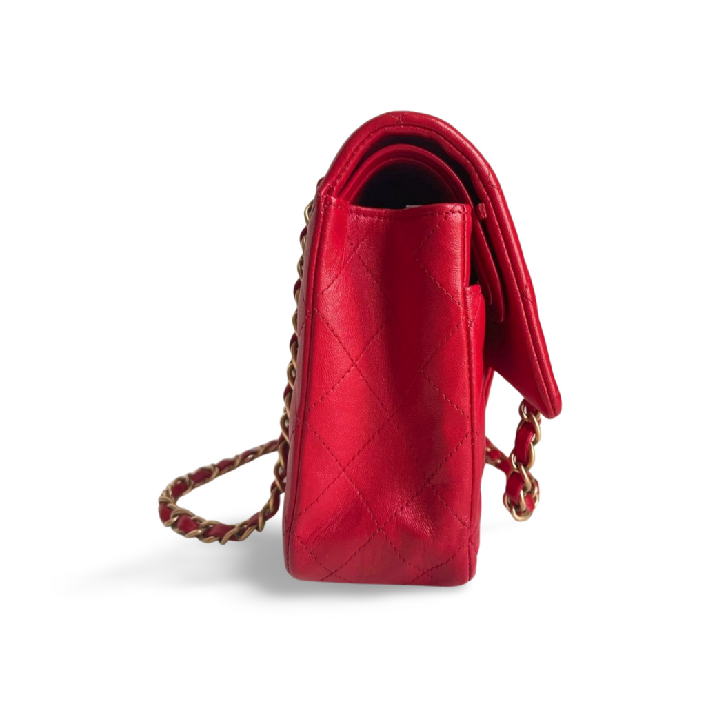 Chanel Red Classic Double Flap Bag in Medium Size Lambskin Leather With Gold Hardware