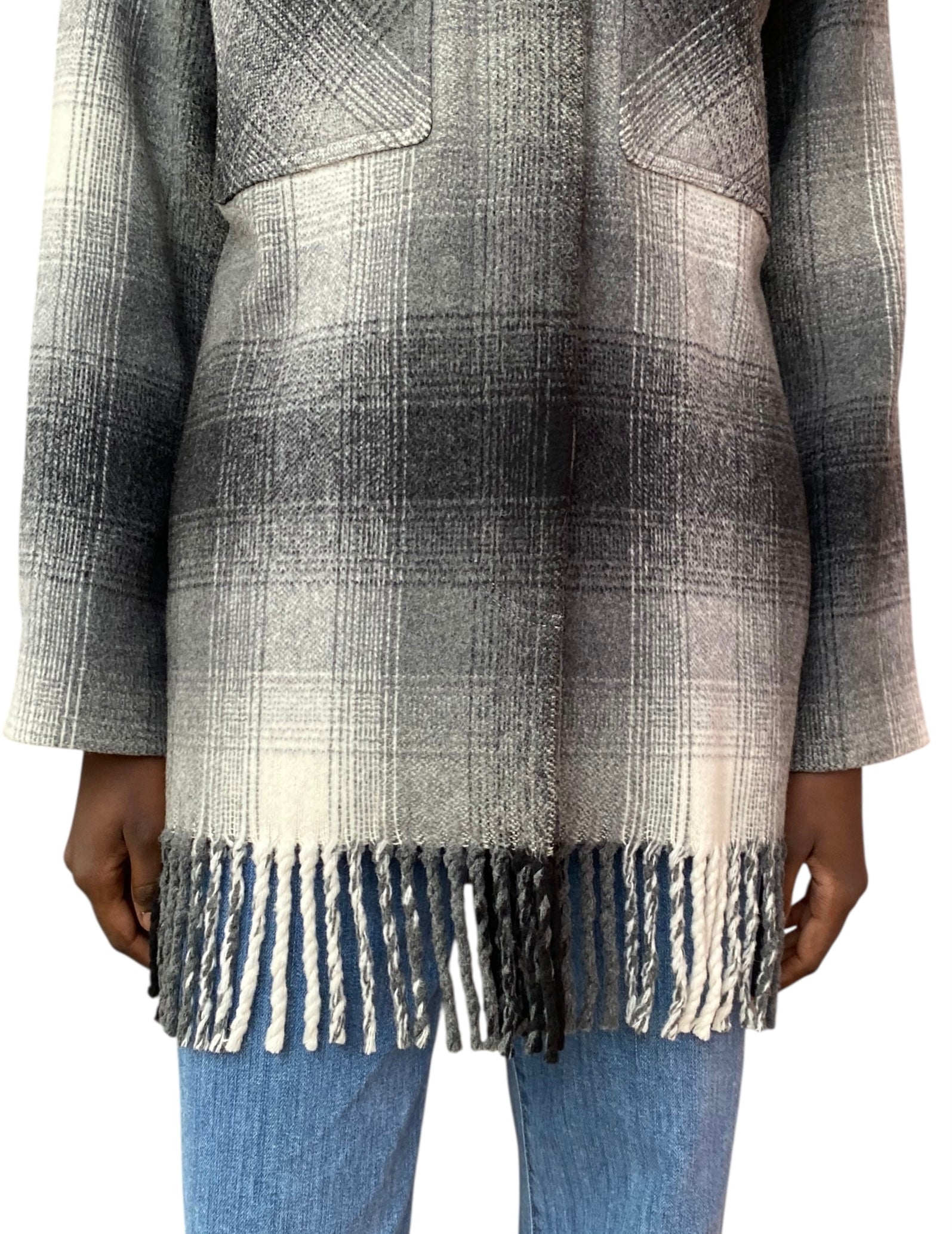 T By Wang Grey Fringe Checked Shacket - US 6
