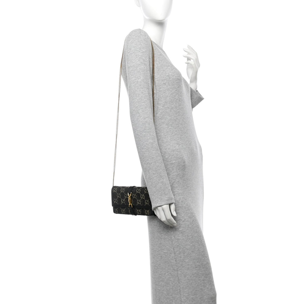 Jacquard Black Denim GG Monogram Textured Dollar Calfskin Jackie 1961 Chain Wallet Black Ivory