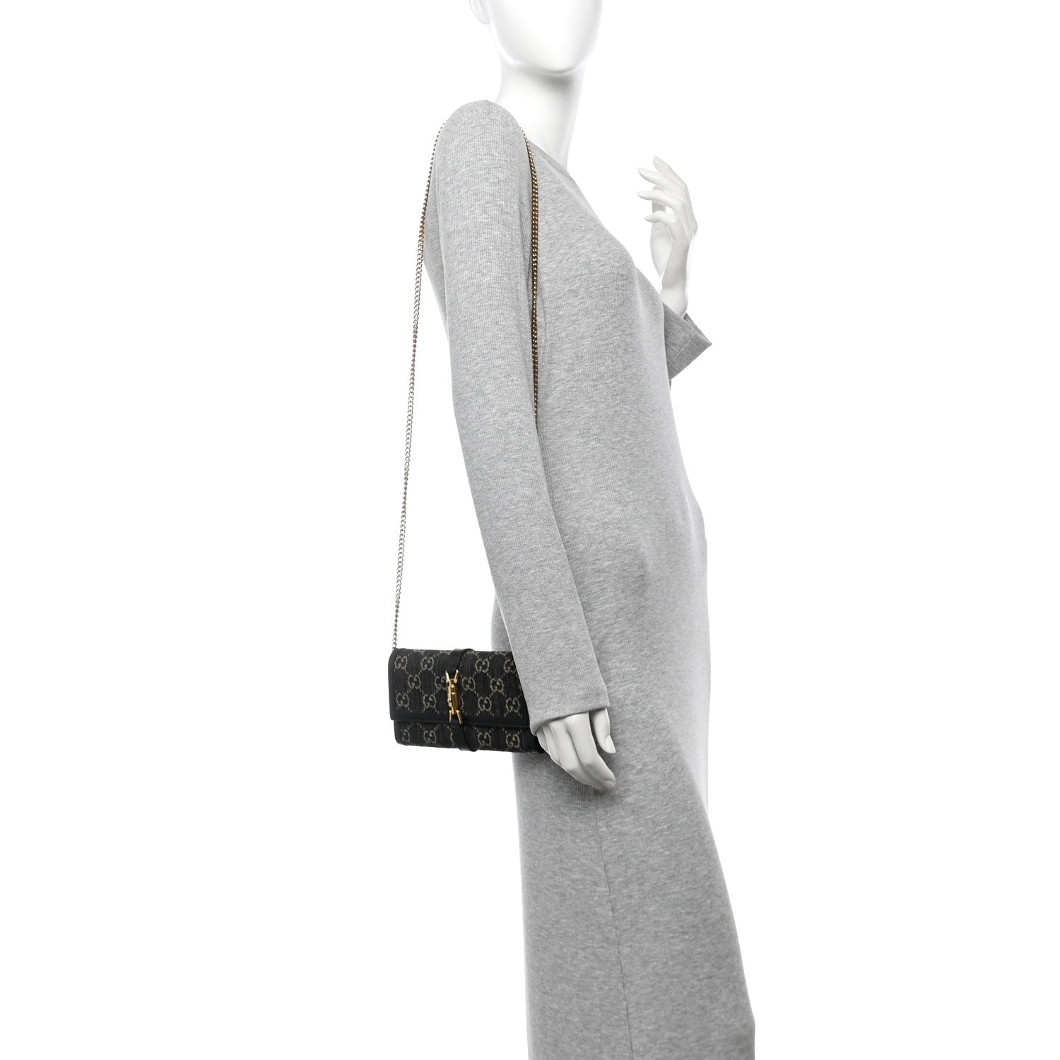 Jacquard Black Denim GG Monogram Textured Dollar Calfskin Jackie 1961 Chain Wallet Black Ivory