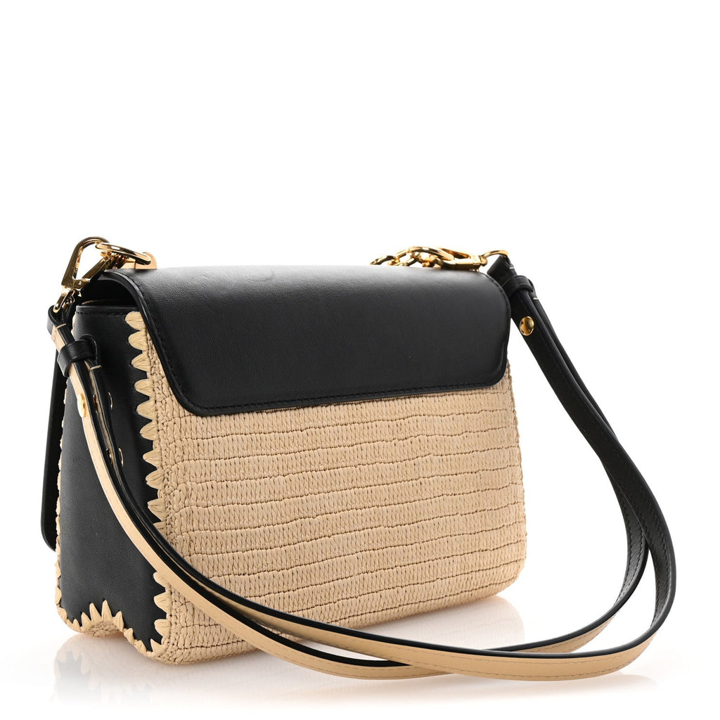 Calfskin Raffia Twist Shoulder Bag MM Black