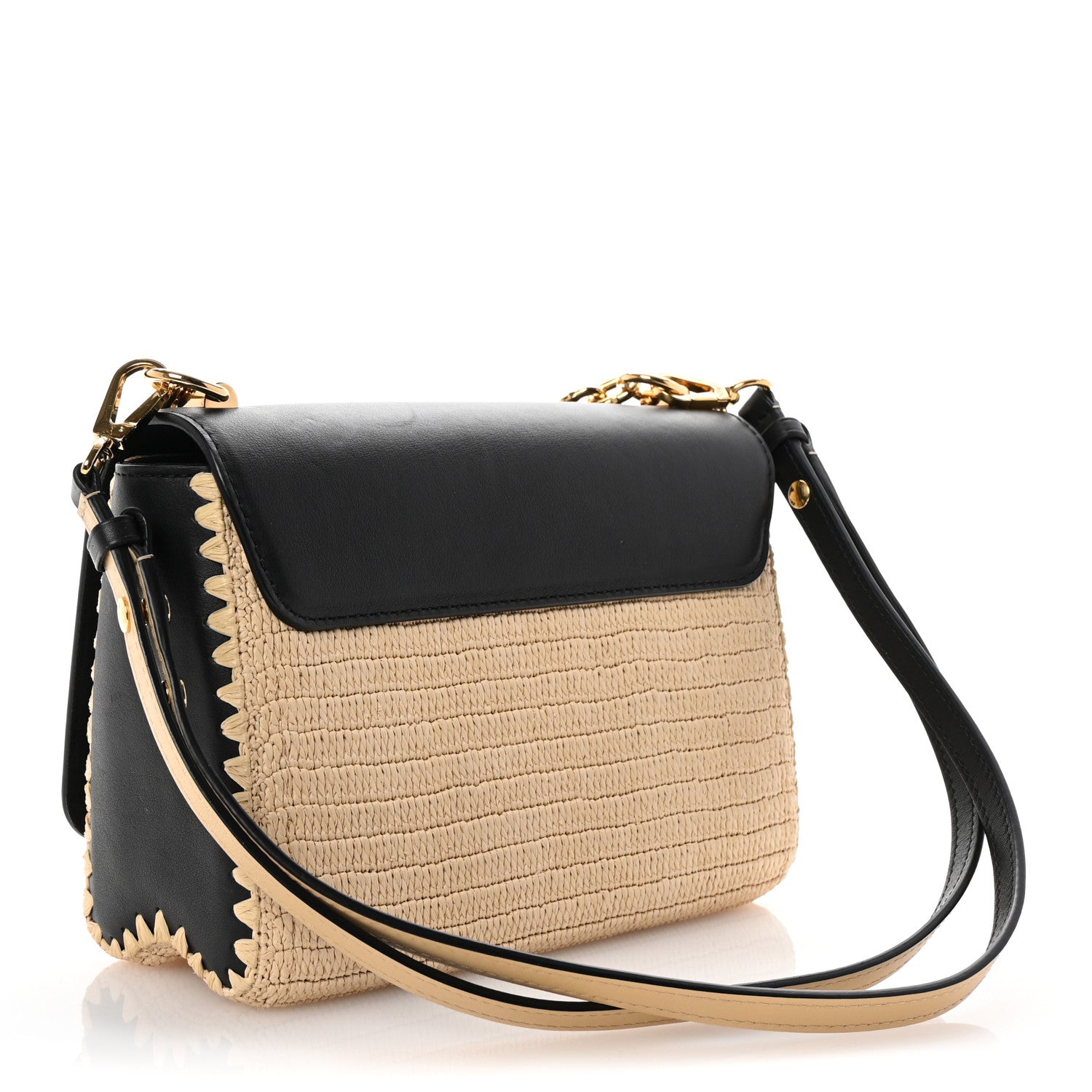 Calfskin Raffia Twist Shoulder Bag MM Black