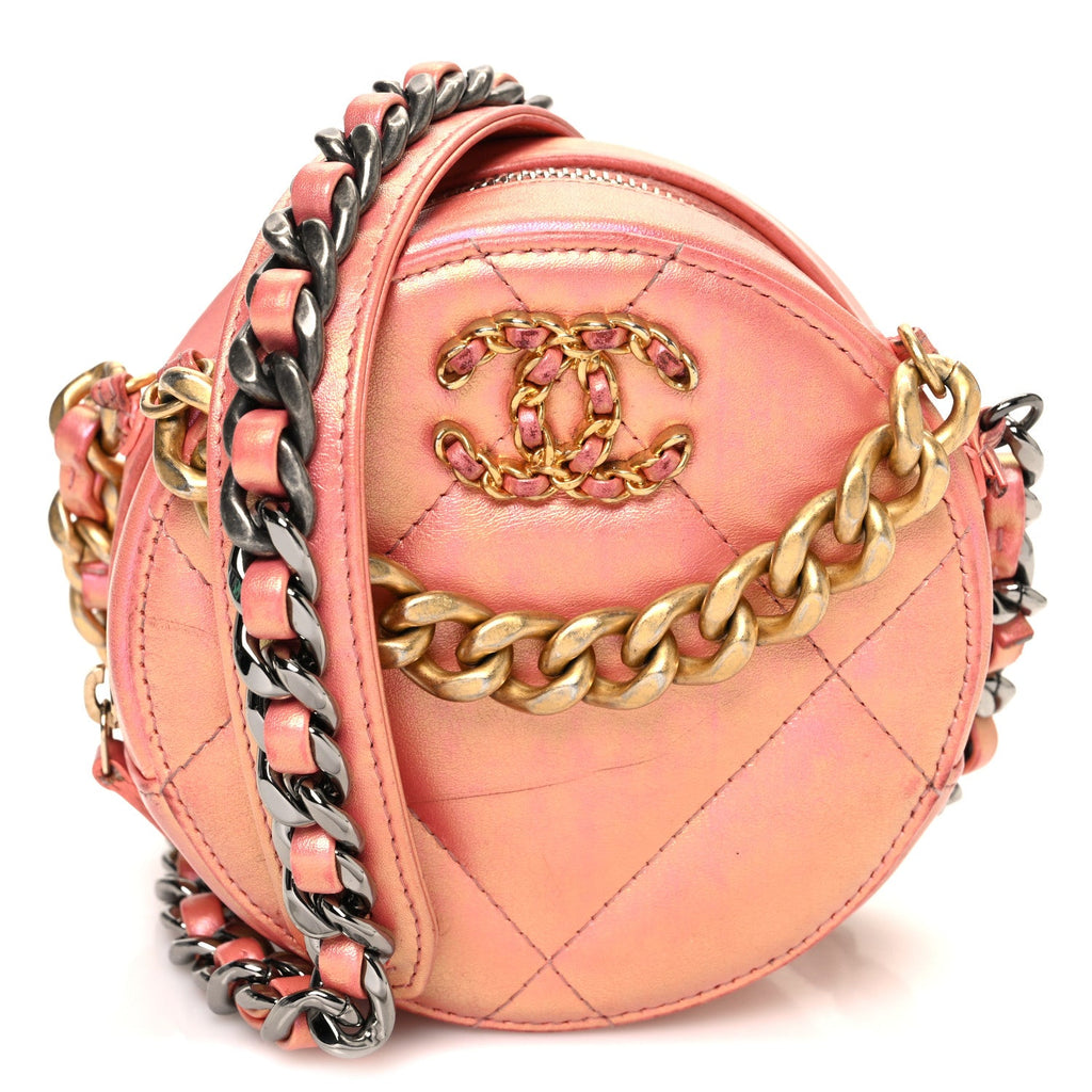 Iridescent Calfskin Quilted Chanel 19 Round Clutch With Chain Pink