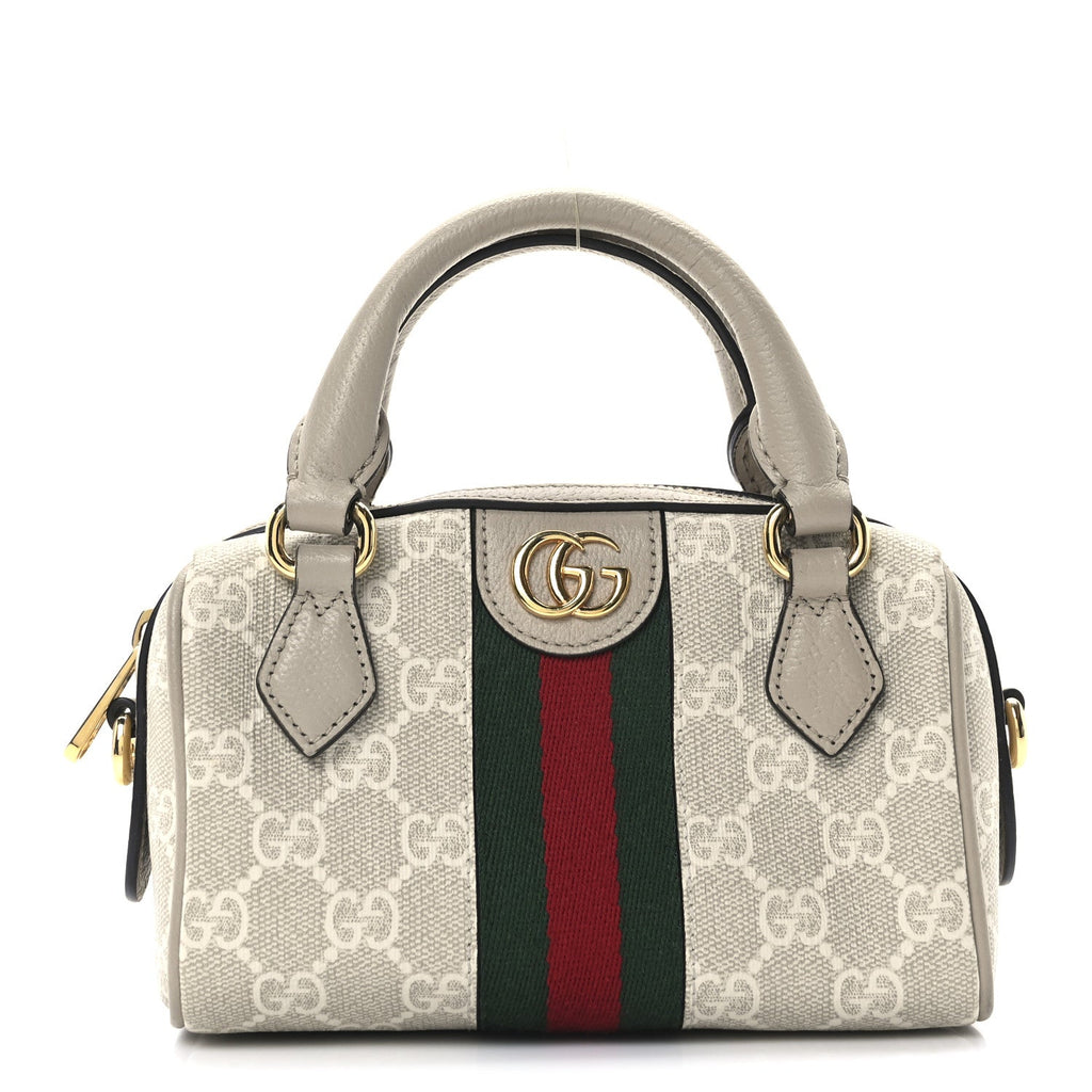 GG Supreme Monogram Textured Dollar Calfskin Web Super Mini Ophidia Top Handle Bowler Bag Beige Mystic White Oatmeal