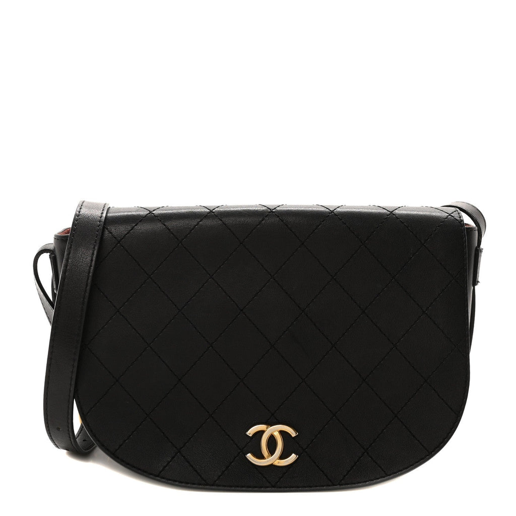 Calfskin Stitched Messenger Flap Bag Black