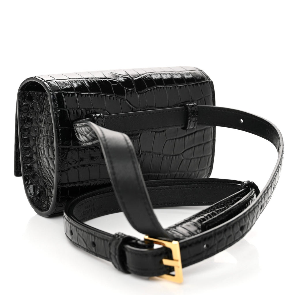 Calfskin Crocodile Embossed Monogram Kate Belt Bag Black