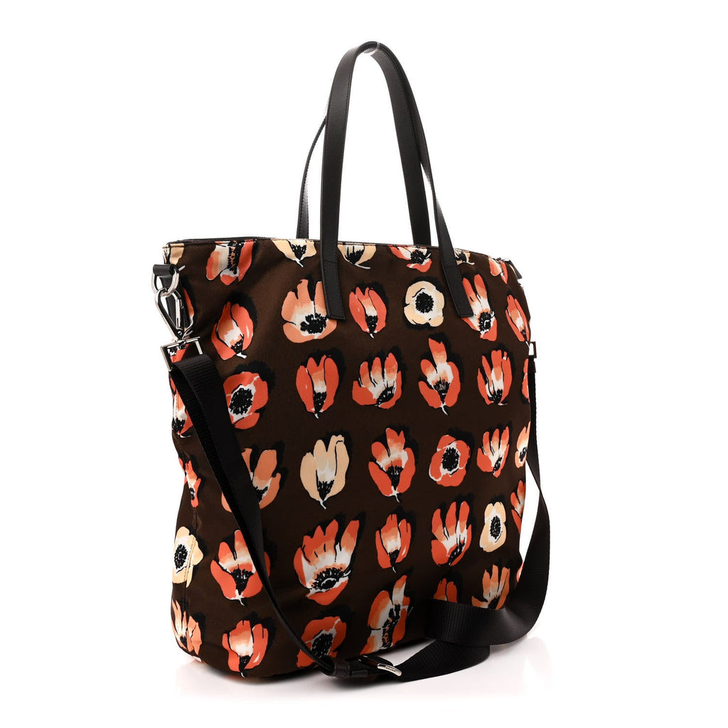 Tessuto Stampato Nylon Saffiano Floral Print Tote Brown Multicolor