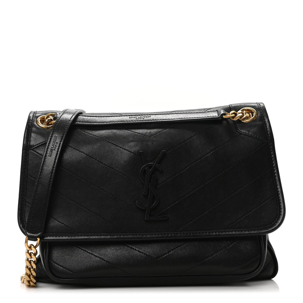 Lambskin Matelasse Monogram Medium Niki Chain Satchel Black