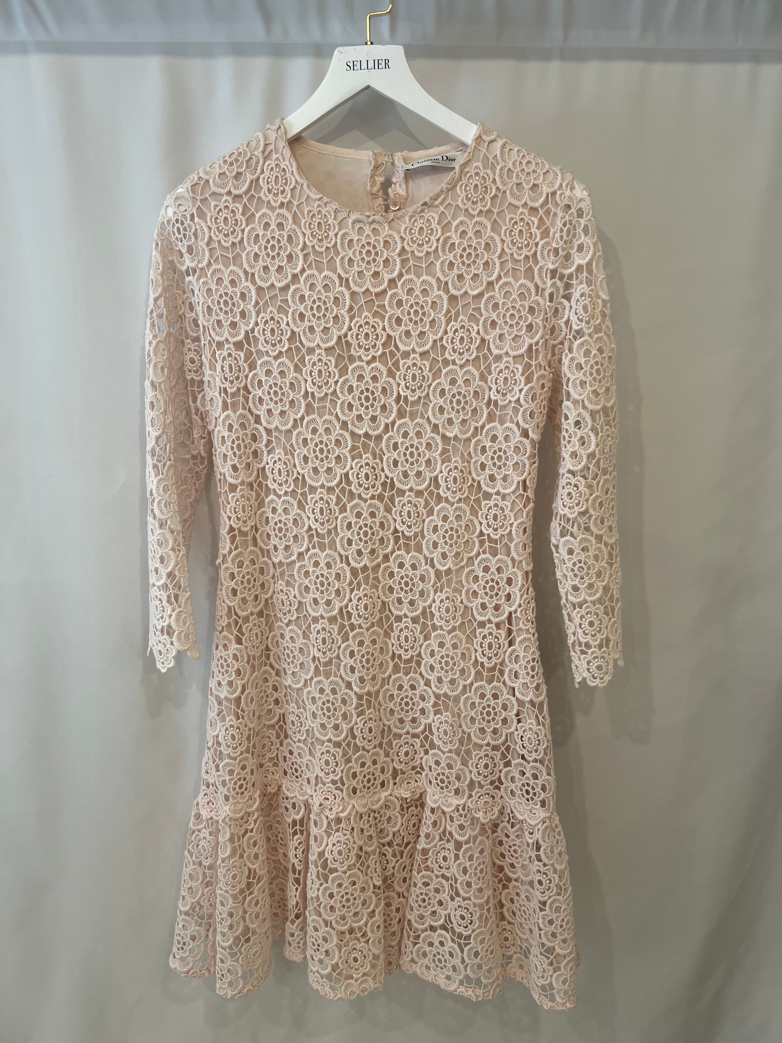Christian Dior Baby Pink Floral Crochet Mini Dress Size FR 42 (UK 14)
