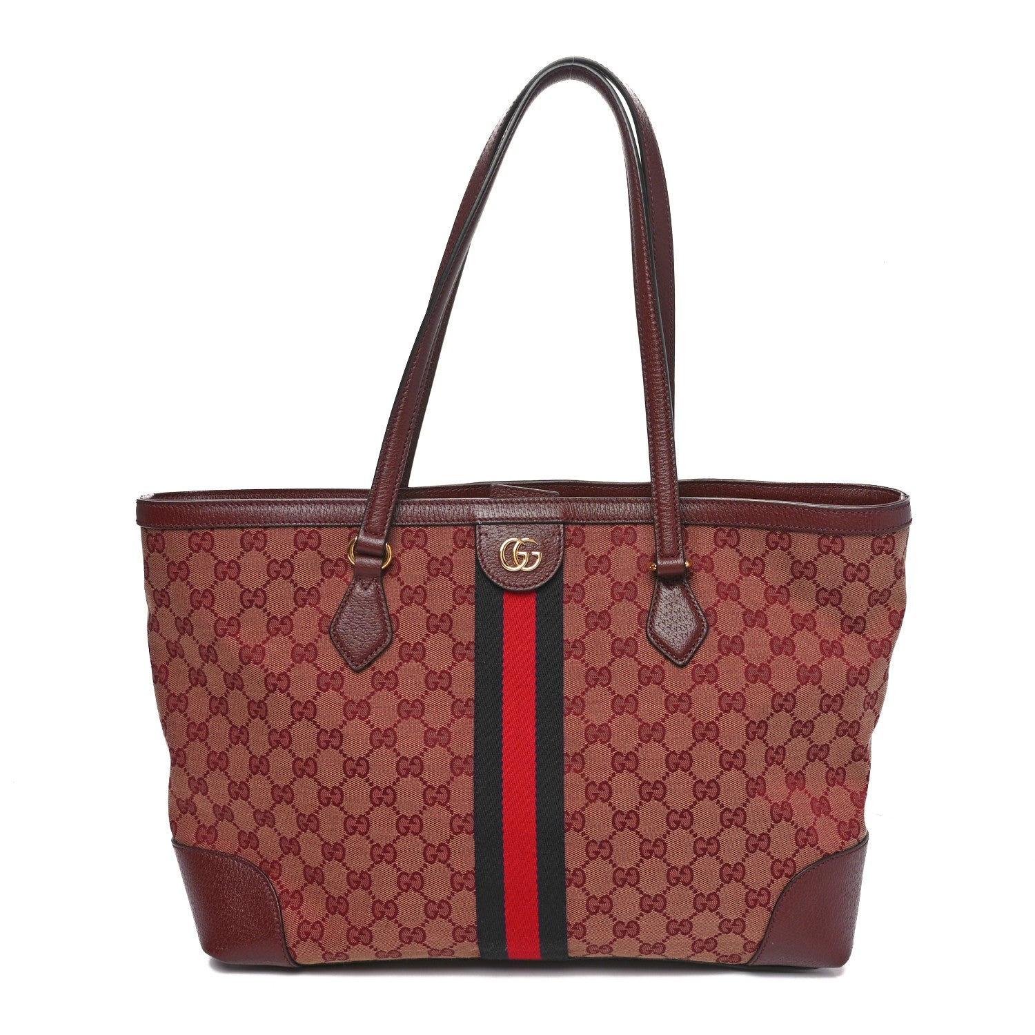 Monogram Textured Dollar Calfskin Web Medium Ophidia Shopping Tote Sahara Rubino Chardonnay