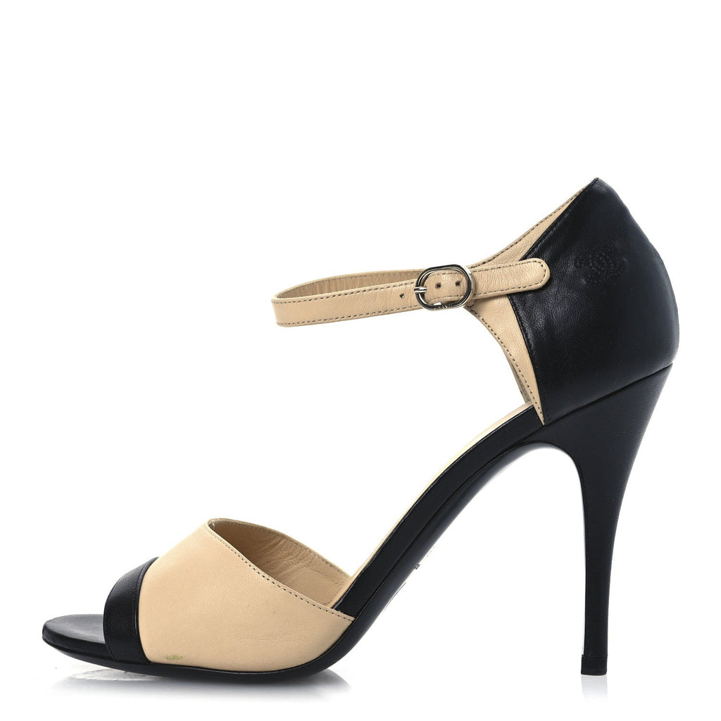 Lambskin Peep Toe Sandals 39 Beige Black