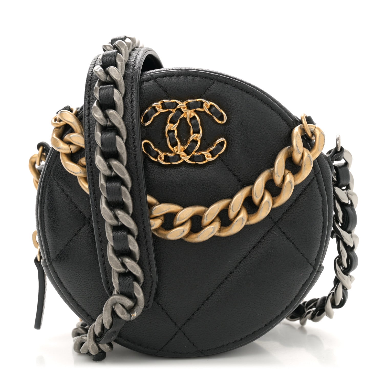 Lambskin Quilted Chanel 19 Round Clutch With Chain Black