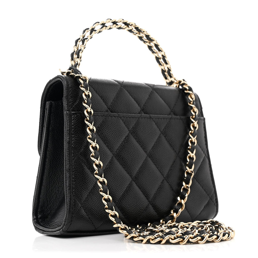 Caviar Quilted Double Chain Top Handle Flap With Chain Black