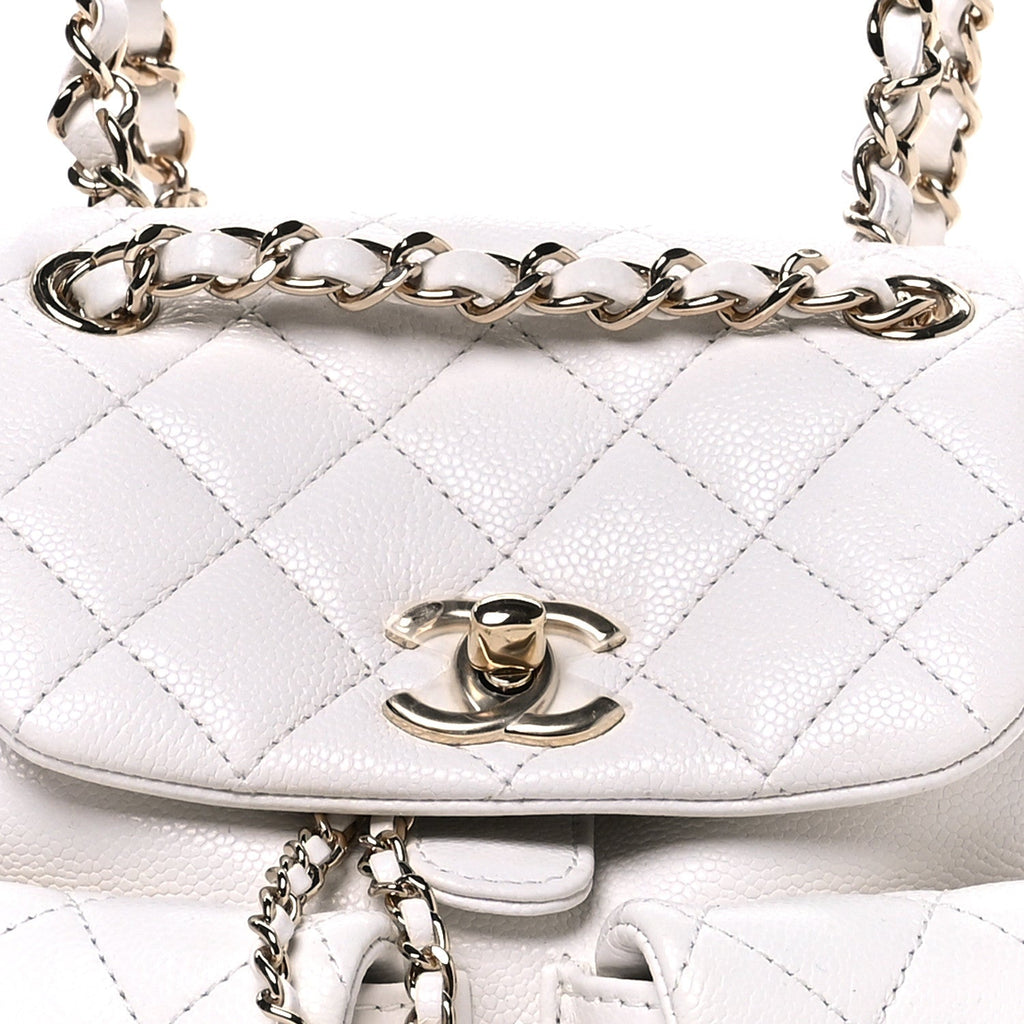Shiny Caviar Quilted Small Duma Pockets Drawstring Backpack White