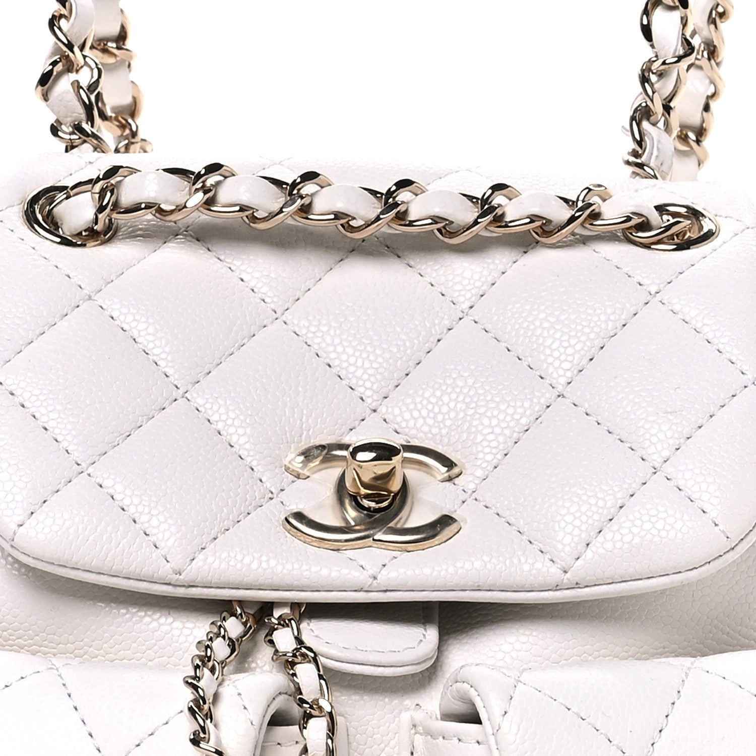 Shiny Caviar Quilted Small Duma Pockets Drawstring Backpack White