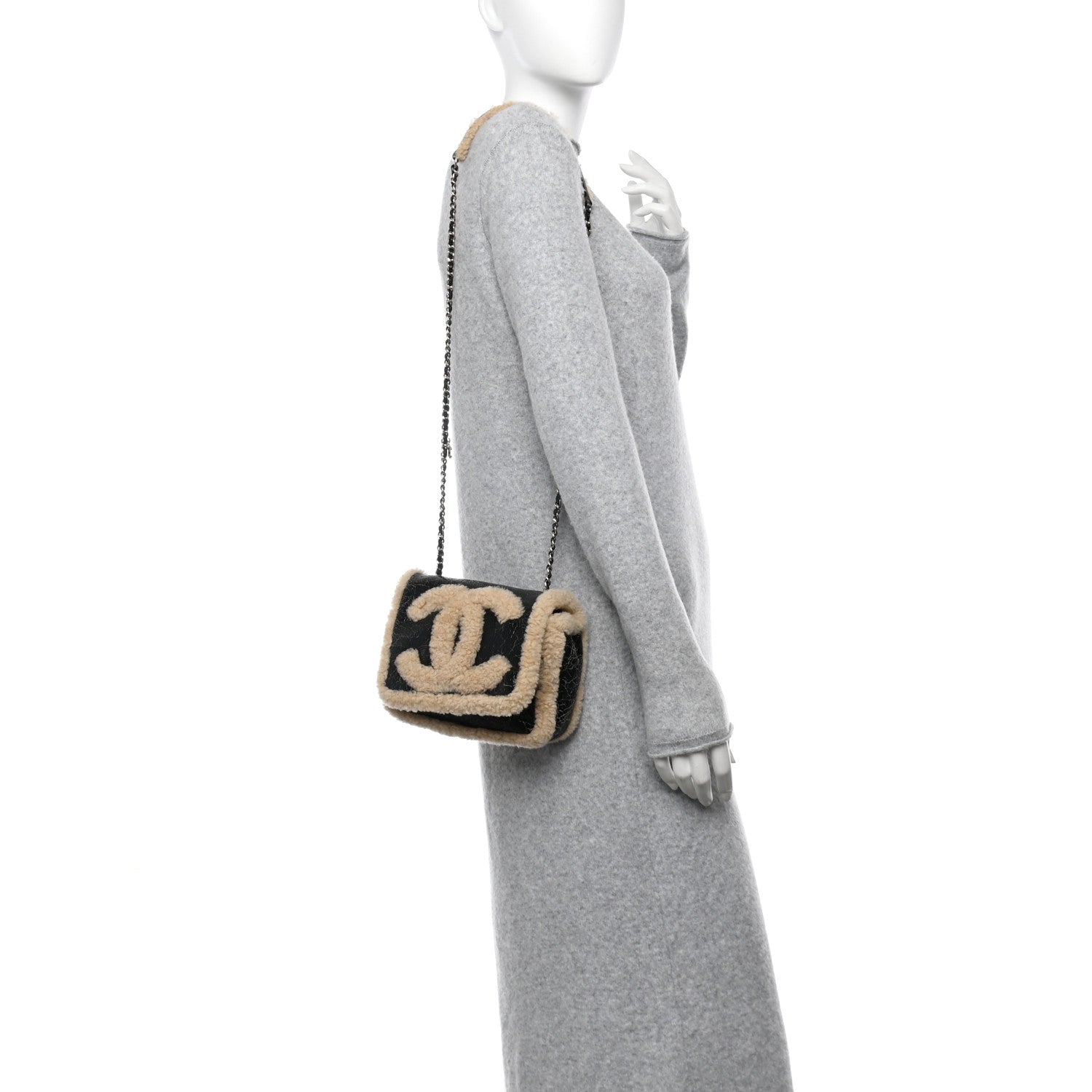 Shiny Crumpled Sheepskin Shearling CC Mania Flap Bag Black Beige