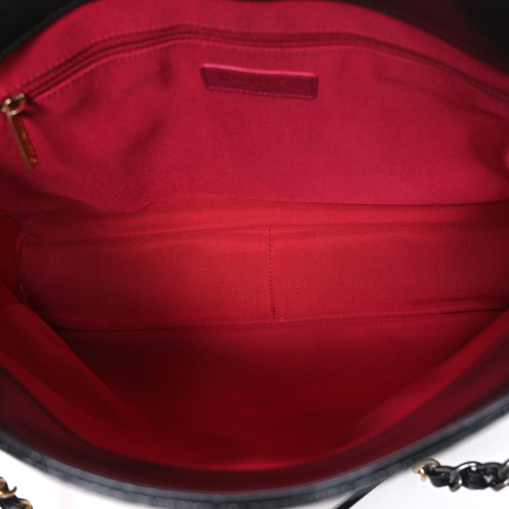 Shiny Aged Calfskin Quilted Large Shopping Bag Black