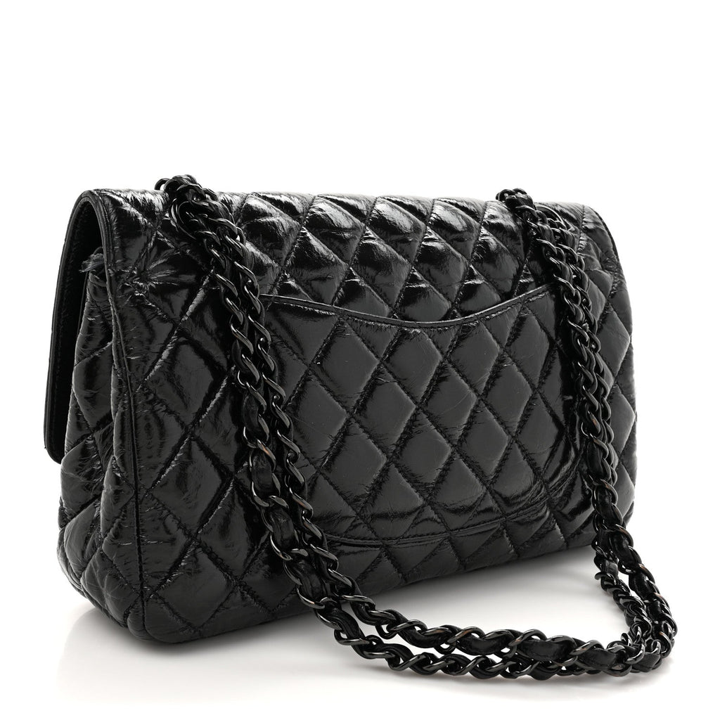 Shiny Crumpled Calfskin Quilted Medium Double Flap So Black