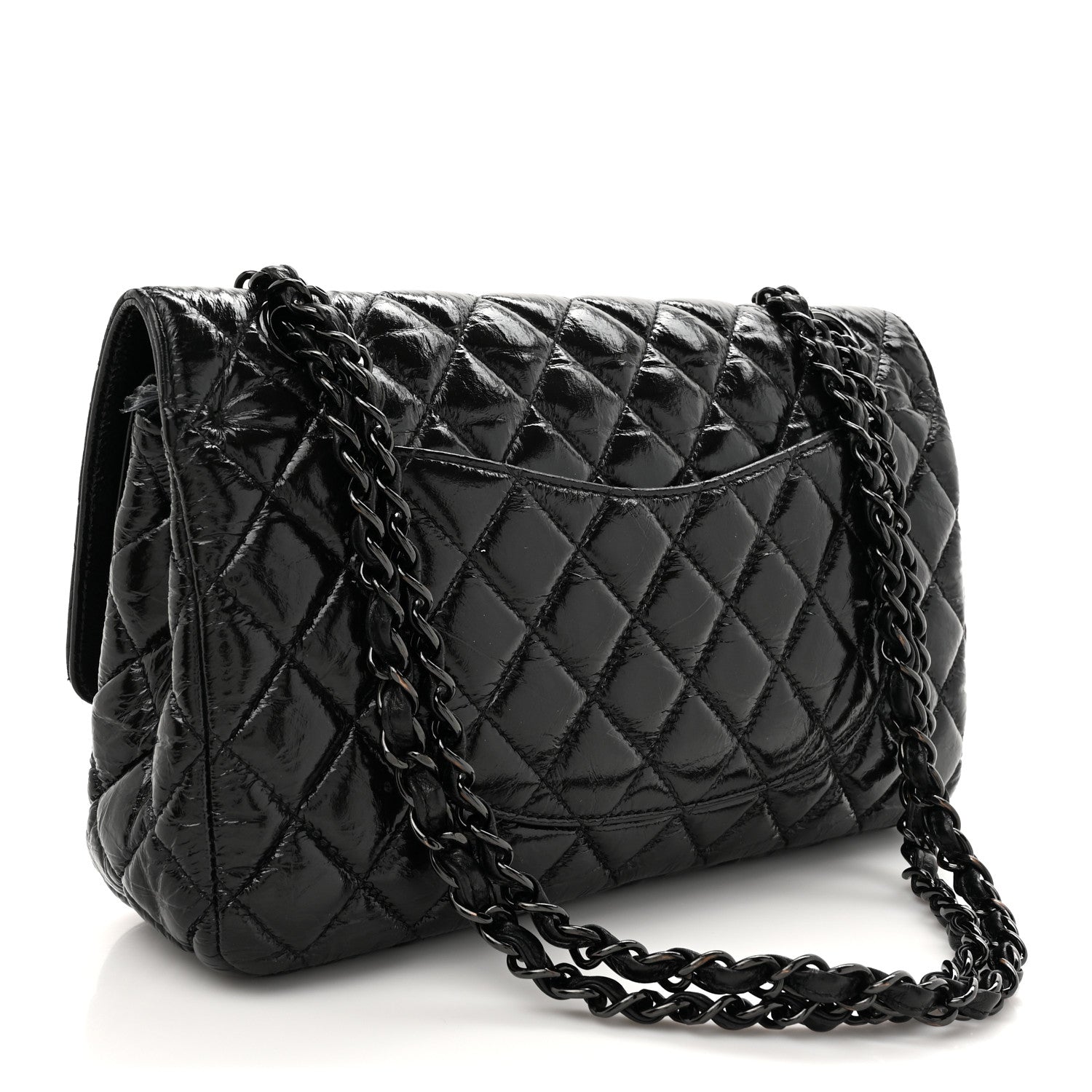 Shiny Crumpled Calfskin Quilted Medium Double Flap So Black